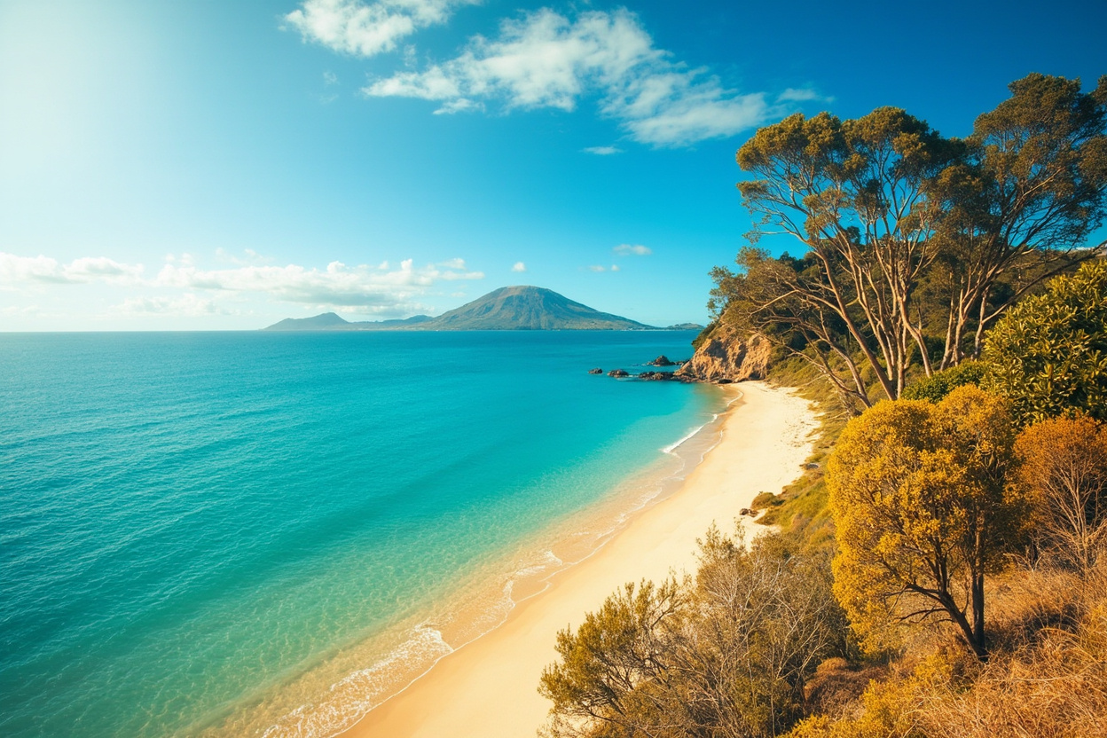 Browns Bay Beach with coastal views and Rangitoto Island in the distance