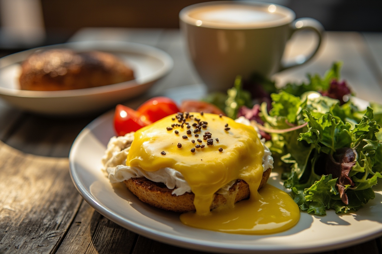 Cafe breakfast plate with eggs, greens and coffee, warm natural light