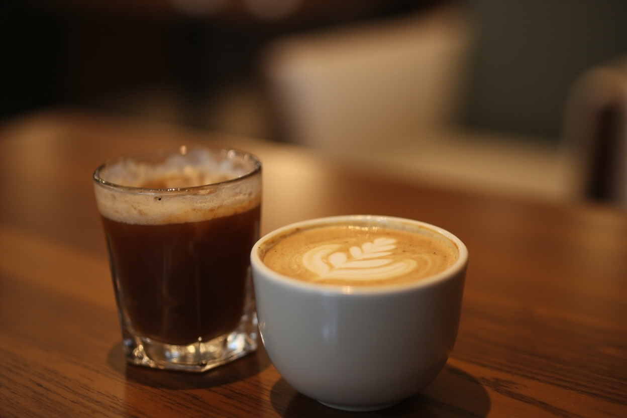 Flat white coffee and iced drink on a cafe table