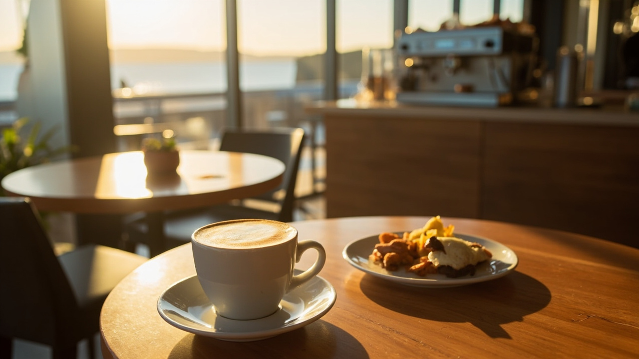 Warm modern cafe table with flat whites and breakfast, soft coastal morning light