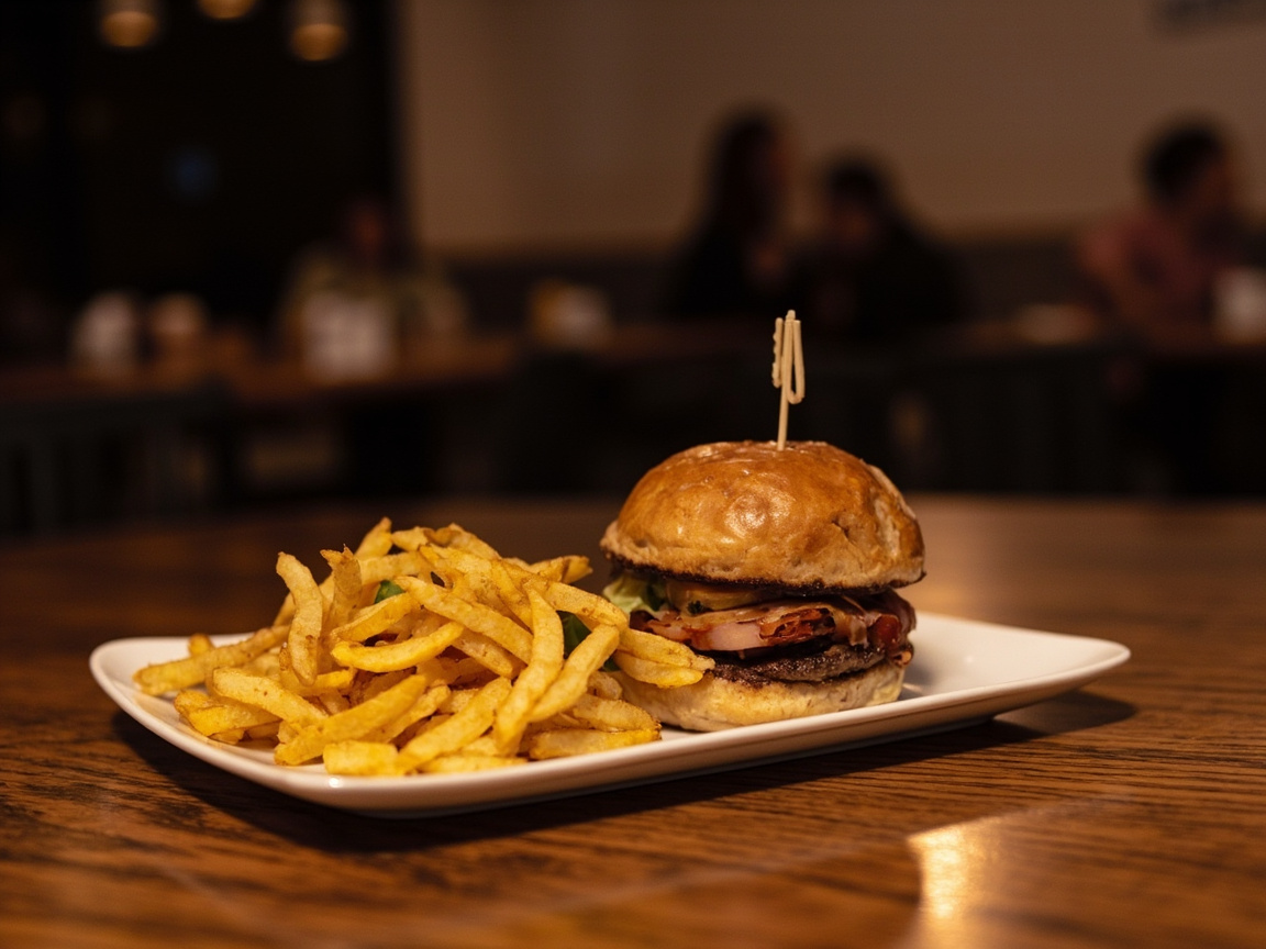 Cafe lunch with burger and chips on a wooden table