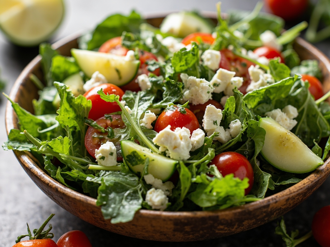 Fresh colourful salad with greens and dressing