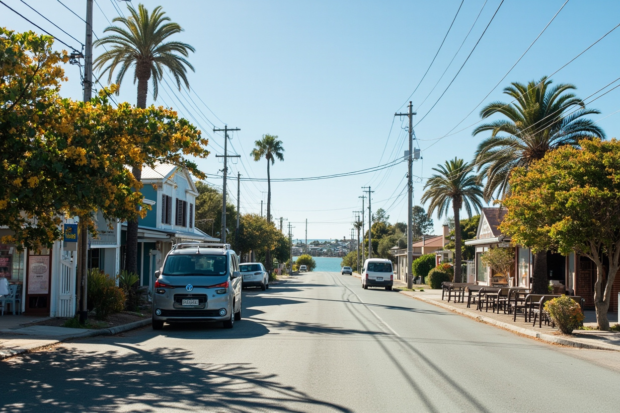 Coastal Browns Bay village street scene with beach and cafes nearby